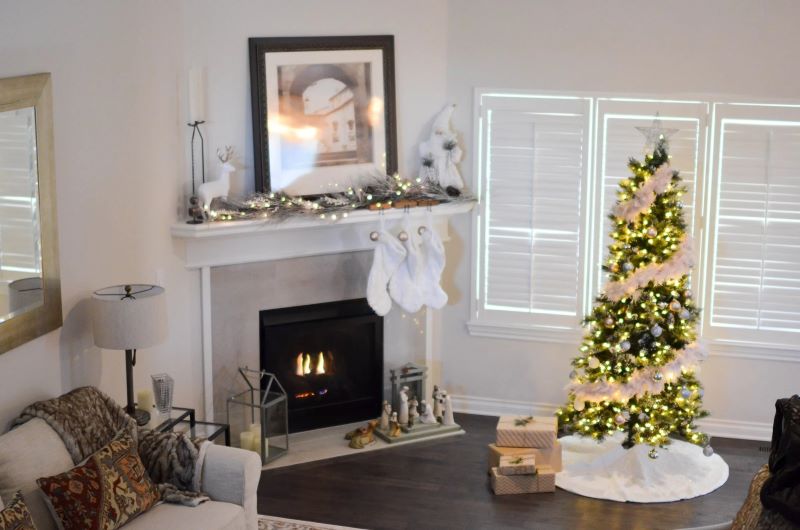 tree in big room near fireplace