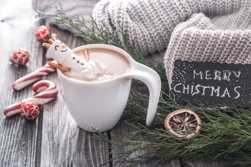 christmas cocoa concept with marshmallows wooden background cozy festive atmosphere